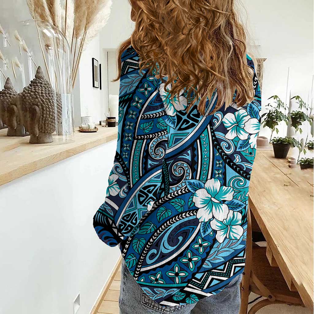 Polynesian Hibiscus Tropical Blue Floral Women Casual Shirt Tribal Pattern - Polynesian Pride