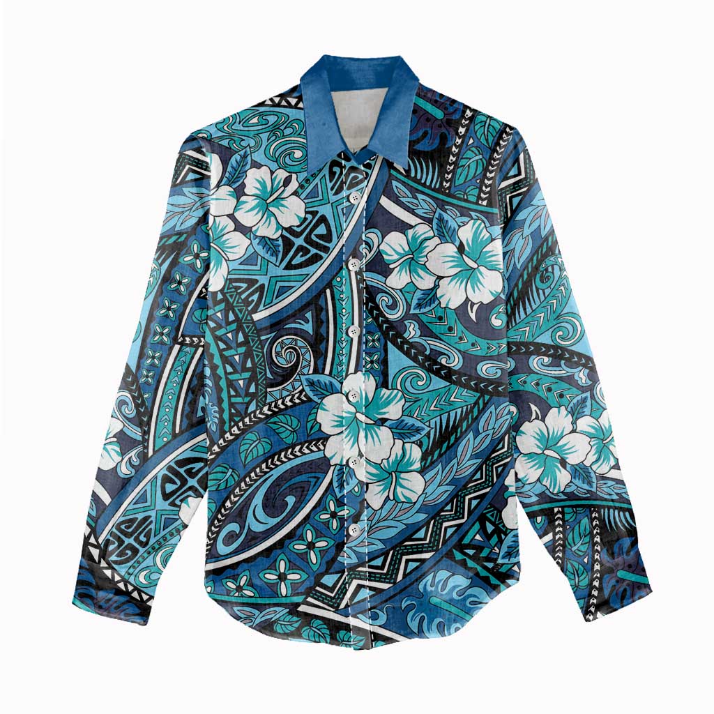 Polynesian Hibiscus Tropical Blue Floral Women Casual Shirt Tribal Pattern - Polynesian Pride
