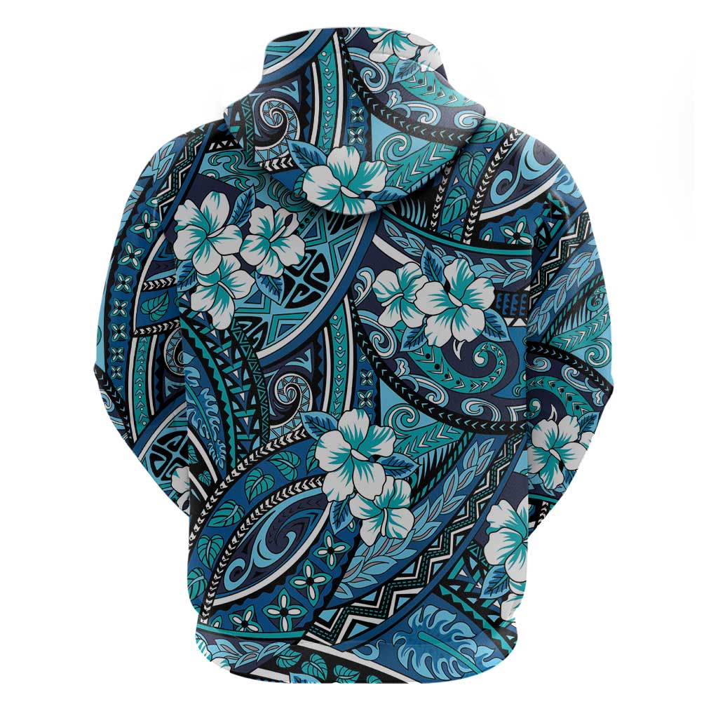 Polynesian Hibiscus Tropical Blue Floral Zip Hoodie Tribal Pattern - Polynesian Pride