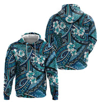 Polynesian Hibiscus Tropical Blue Floral Zip Hoodie Tribal Pattern - Polynesian Pride