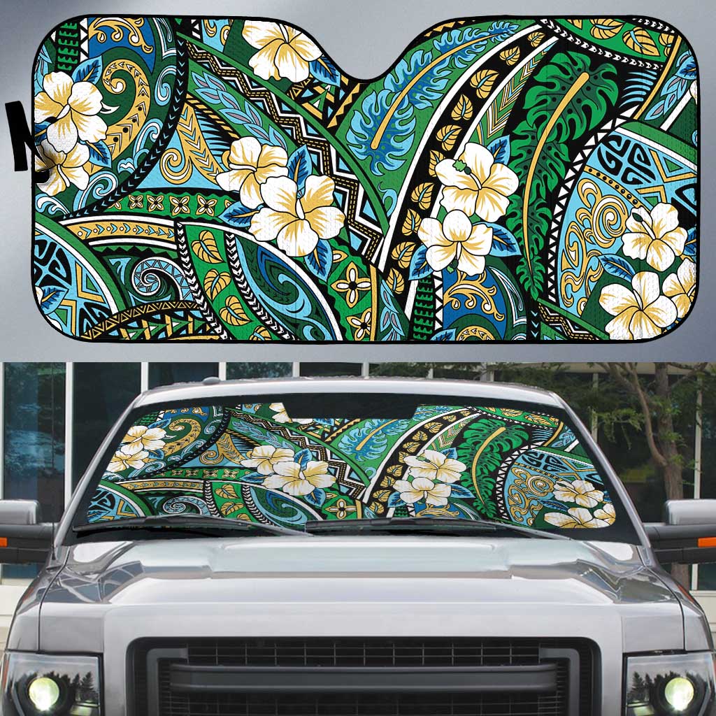 Polynesian Hibiscus Tropical Green Floral Auto Sun Shade Tribal Pattern - Polynesian Pride