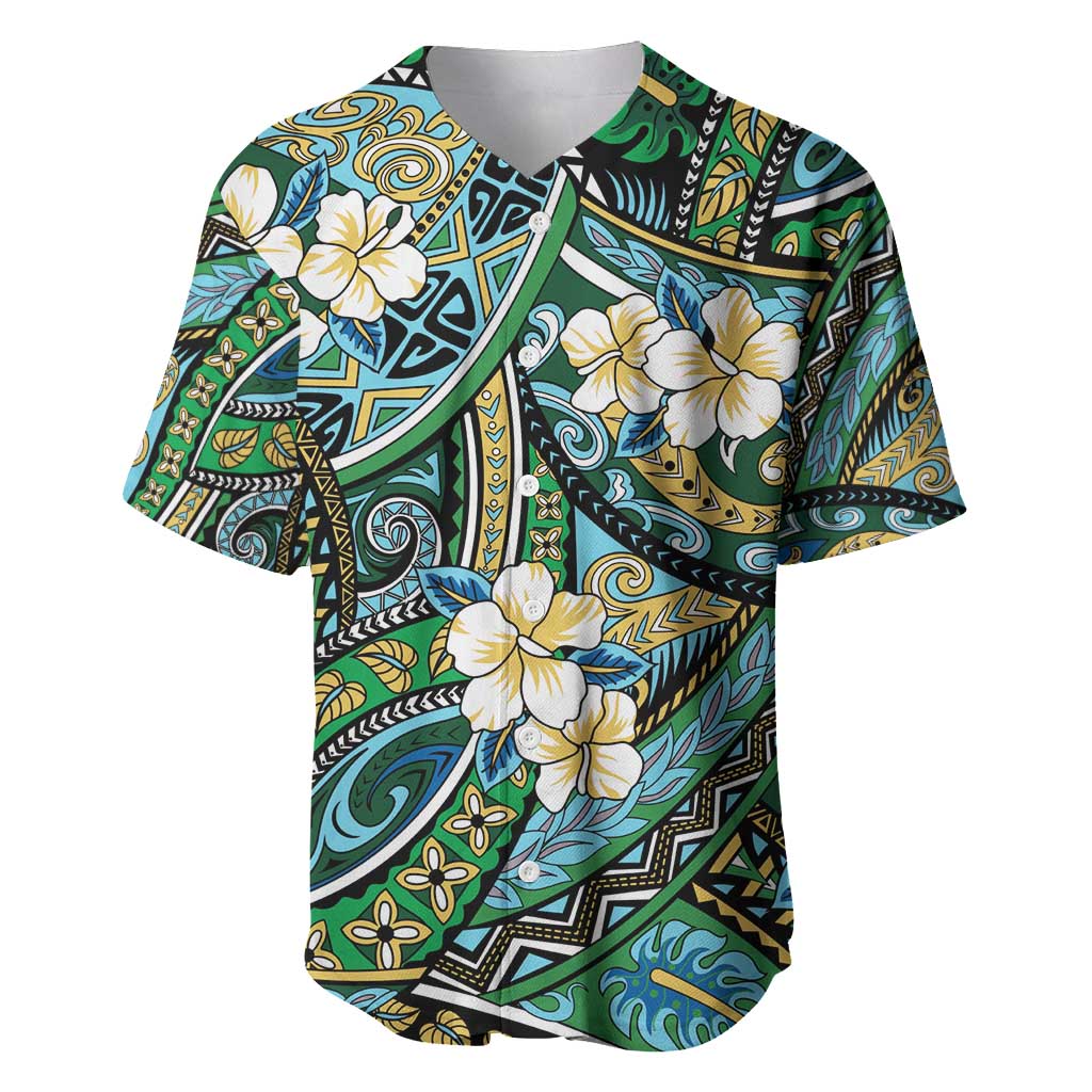 Polynesian Hibiscus Tropical Green Floral Baseball Jersey Tribal Pattern - Polynesian Pride