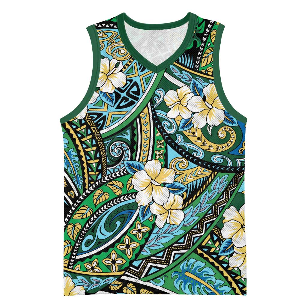 Polynesian Hibiscus Tropical Green Floral Basketball Jersey Tribal Pattern LT01 Unisex Green - Polynesian Pride