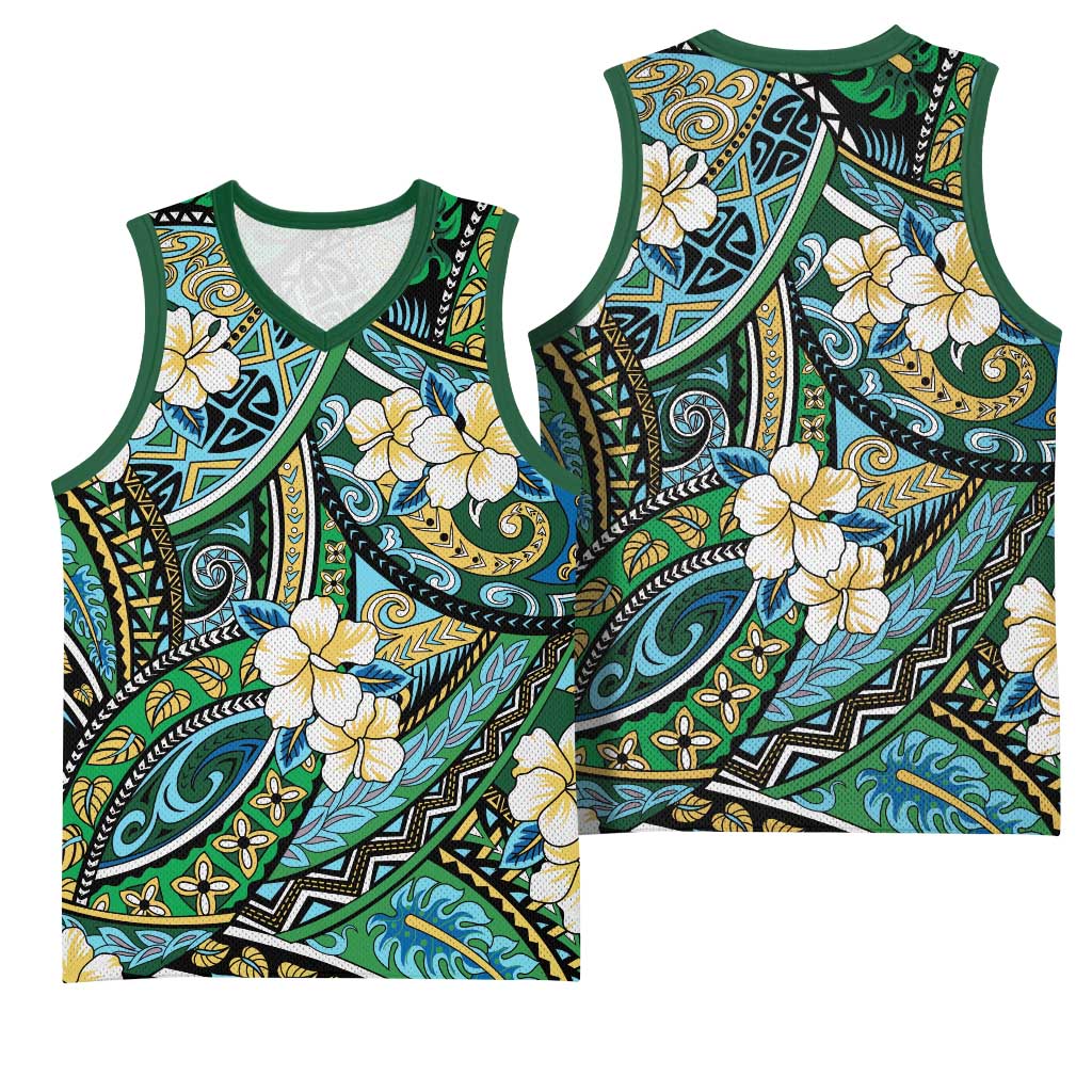 Polynesian Hibiscus Tropical Green Floral Basketball Jersey Tribal Pattern LT01 - Polynesian Pride