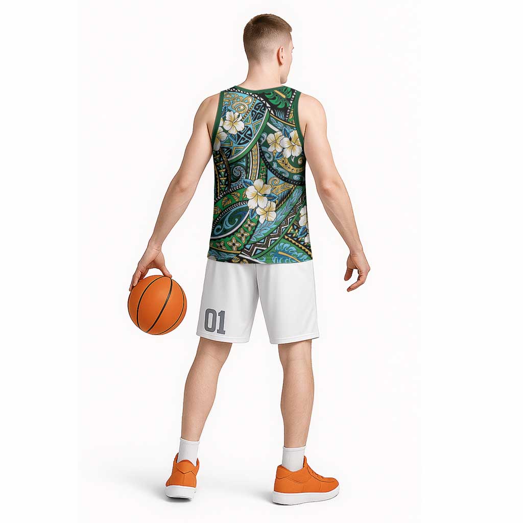 Polynesian Hibiscus Tropical Green Floral Basketball Jersey Tribal Pattern LT01 - Polynesian Pride