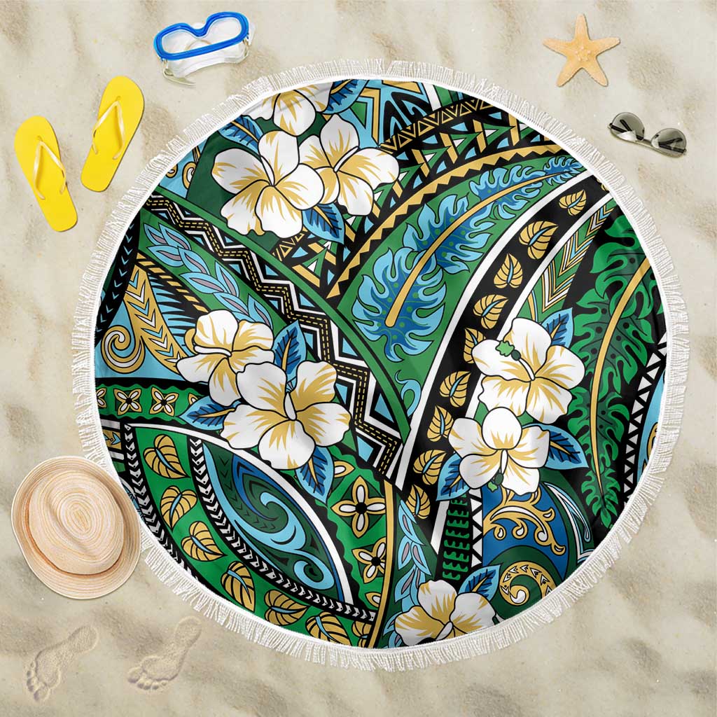 Polynesian Hibiscus Tropical Green Floral Beach Blanket Tribal Pattern LT01 One Size 150cm Green - Polynesian Pride