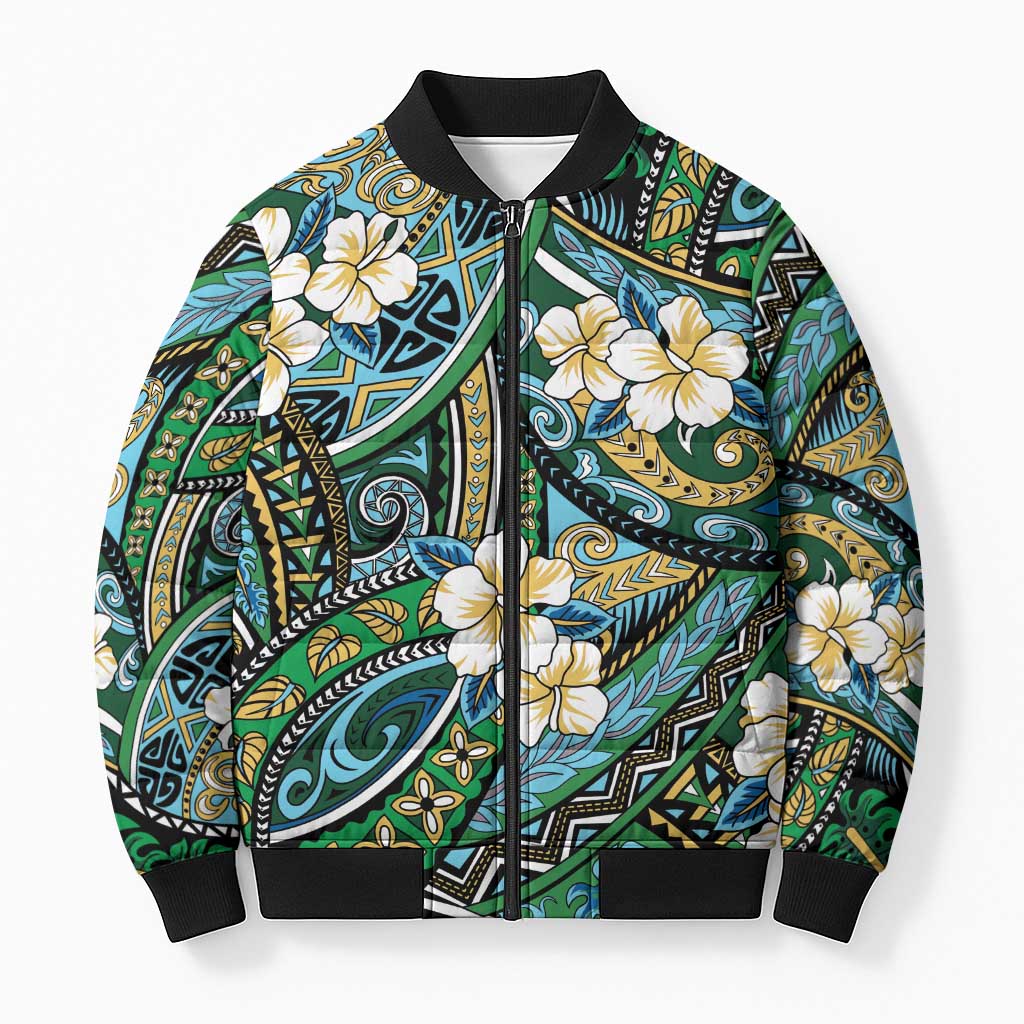 Polynesian Hibiscus Tropical Green Floral Bomber Puffer Jacket Tribal Pattern LT01 Unisex Green - Polynesian Pride