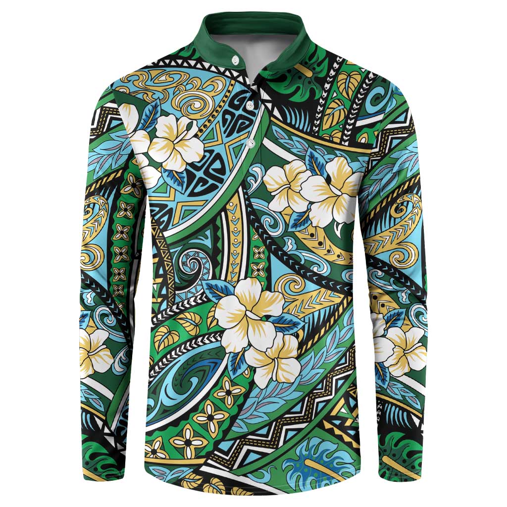 Polynesian Hibiscus Tropical Green Floral Button Sweatshirt Tribal Pattern LT01 Green - Polynesian Pride