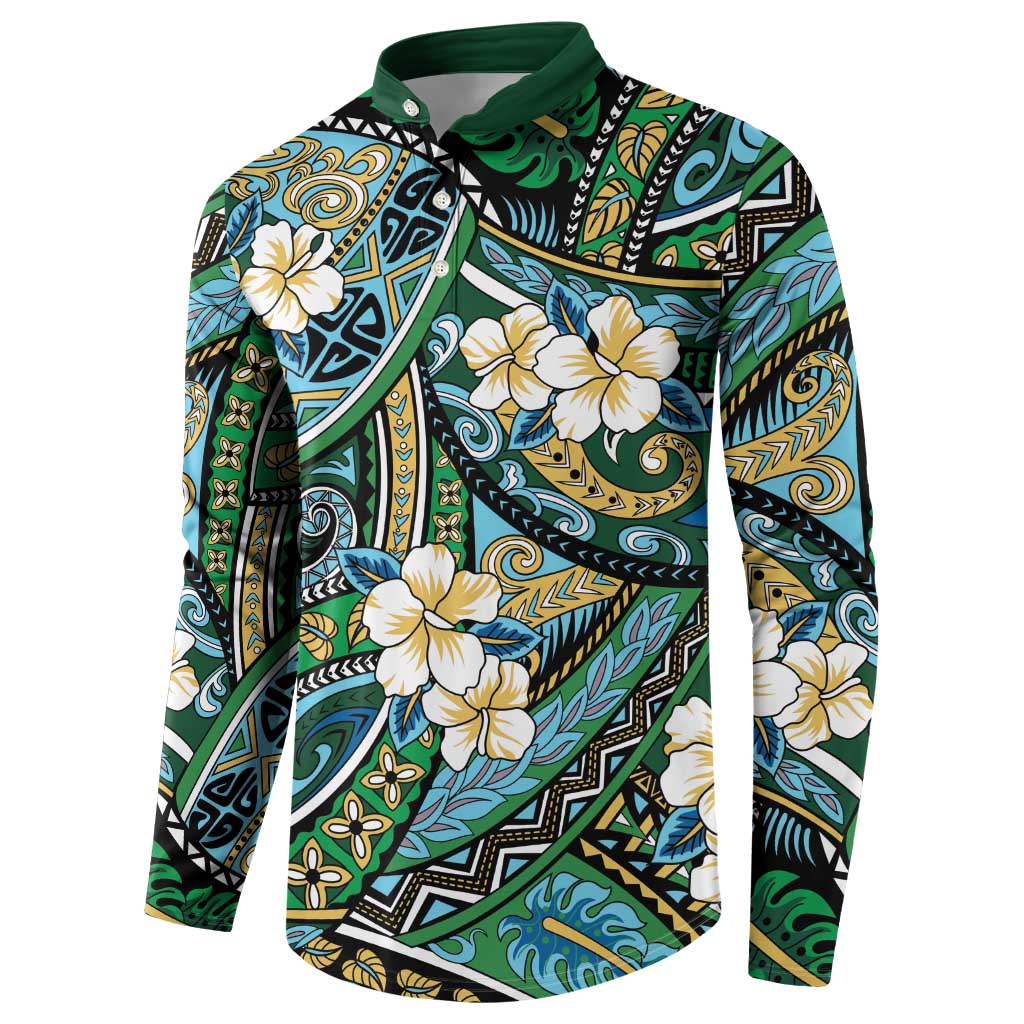 Polynesian Hibiscus Tropical Green Floral Button Sweatshirt Tribal Pattern LT01 - Polynesian Pride