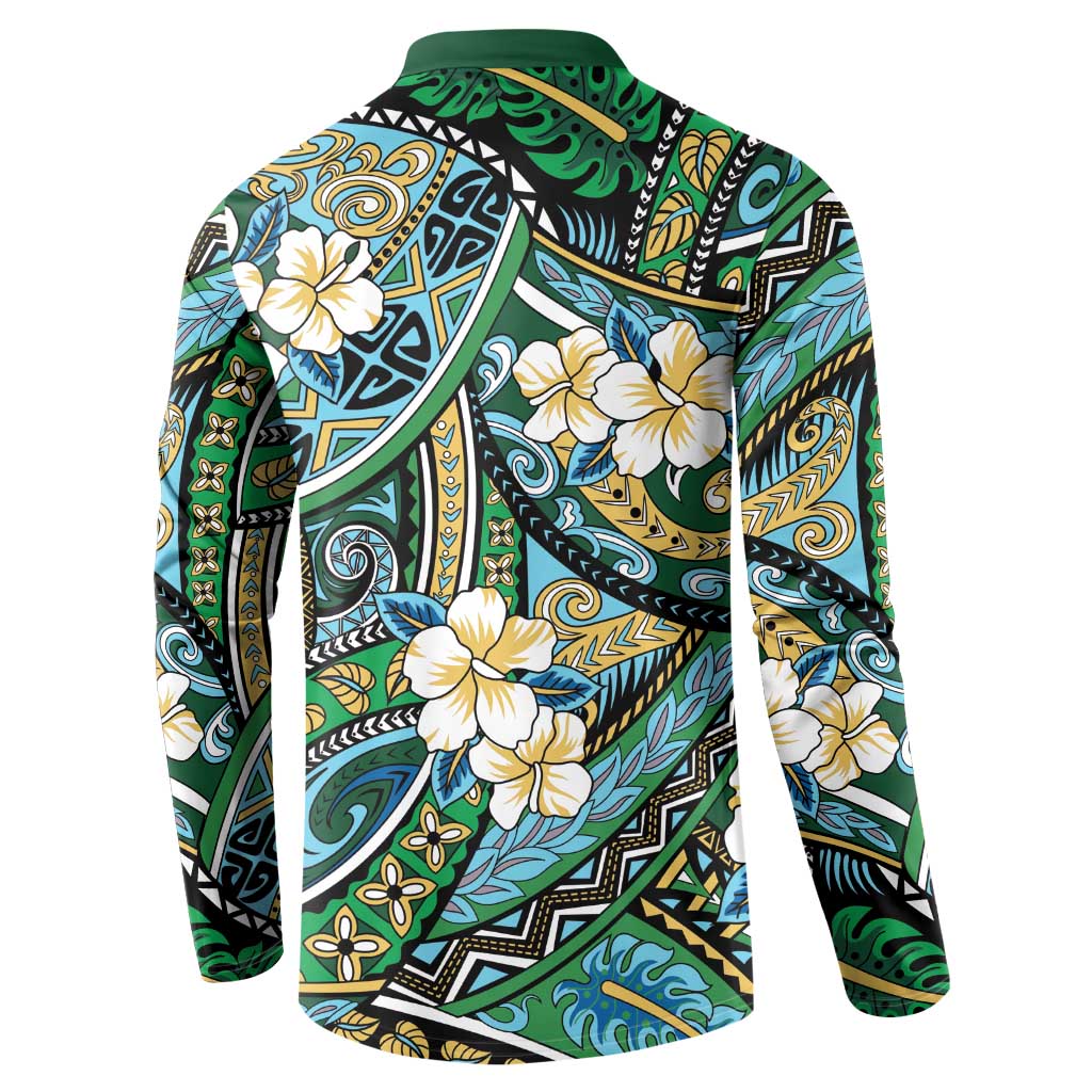 Polynesian Hibiscus Tropical Green Floral Button Sweatshirt Tribal Pattern LT01 - Polynesian Pride