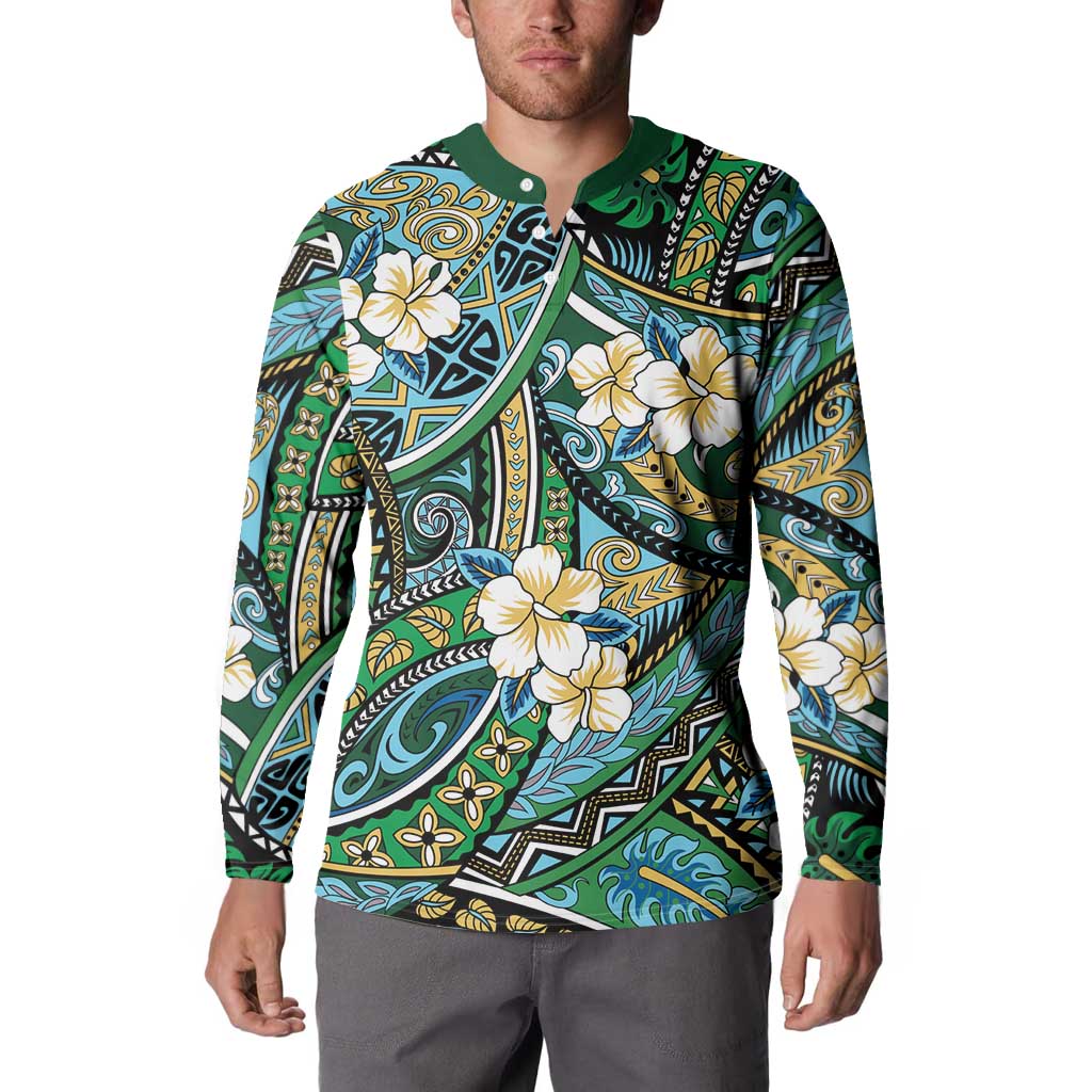 Polynesian Hibiscus Tropical Green Floral Button Sweatshirt Tribal Pattern LT01 - Polynesian Pride