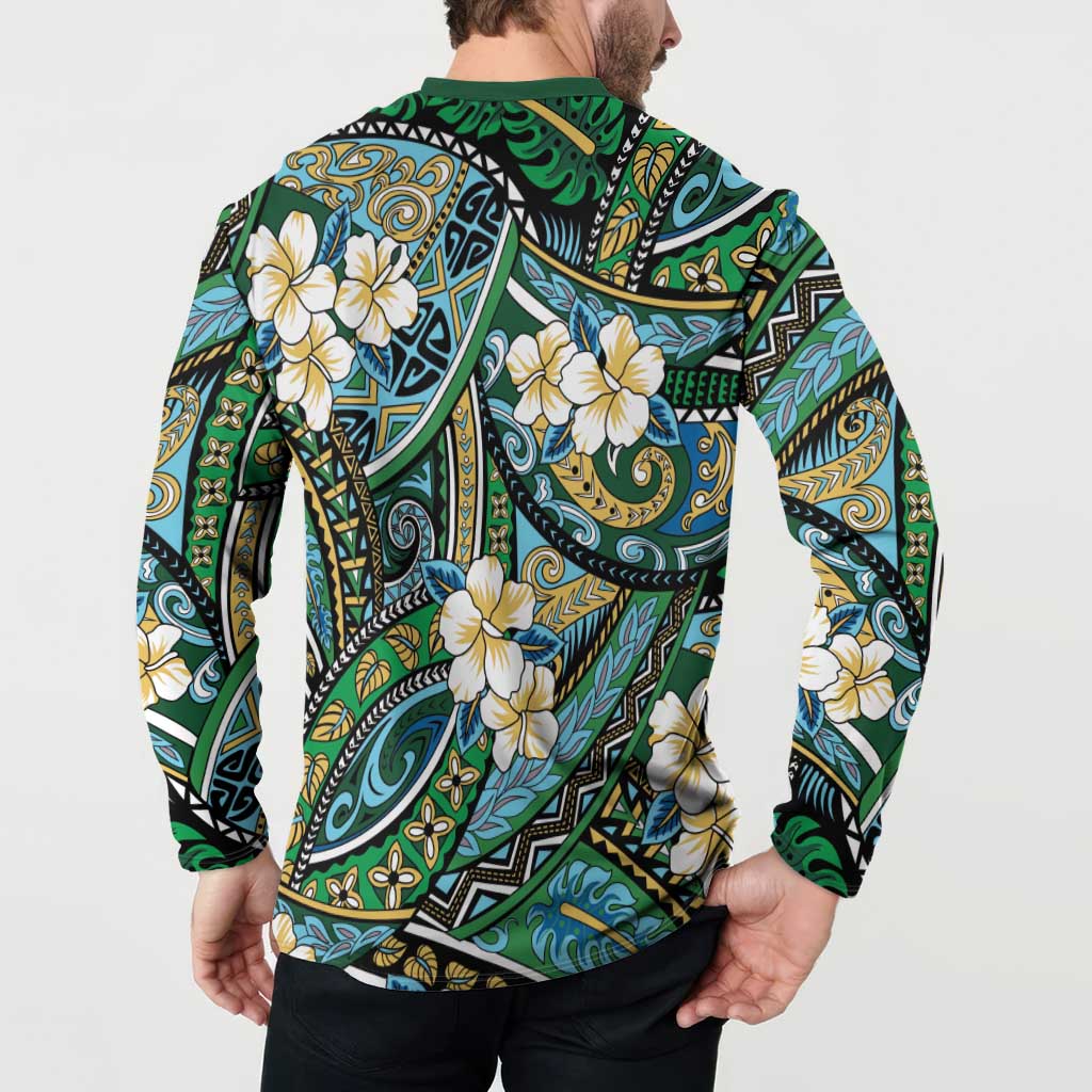 Polynesian Hibiscus Tropical Green Floral Button Sweatshirt Tribal Pattern LT01 - Polynesian Pride
