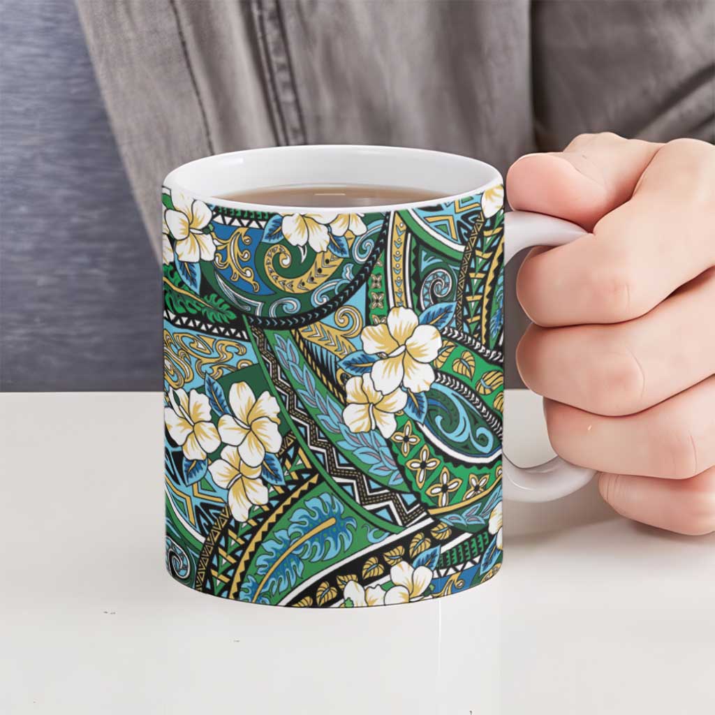 Polynesian Hibiscus Tropical Green Floral Ceramic Mug Tribal Pattern LT01 - Polynesian Pride