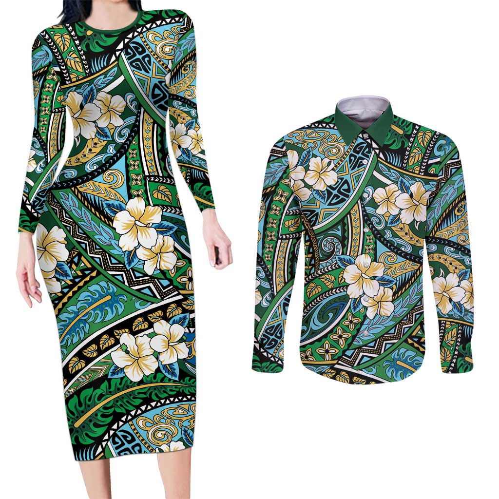 Polynesian Hibiscus Tropical Green Floral Couples Matching Long Sleeve Bodycon Dress and Long Sleeve Button Shirt Tribal Pattern LT01 Green - Polynesian Pride