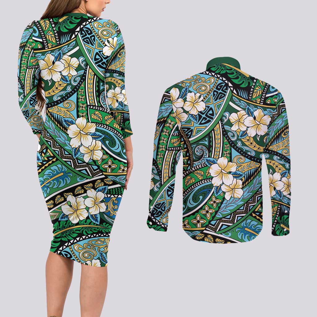 Polynesian Hibiscus Tropical Green Floral Couples Matching Long Sleeve Bodycon Dress and Long Sleeve Button Shirt Tribal Pattern LT01 - Polynesian Pride