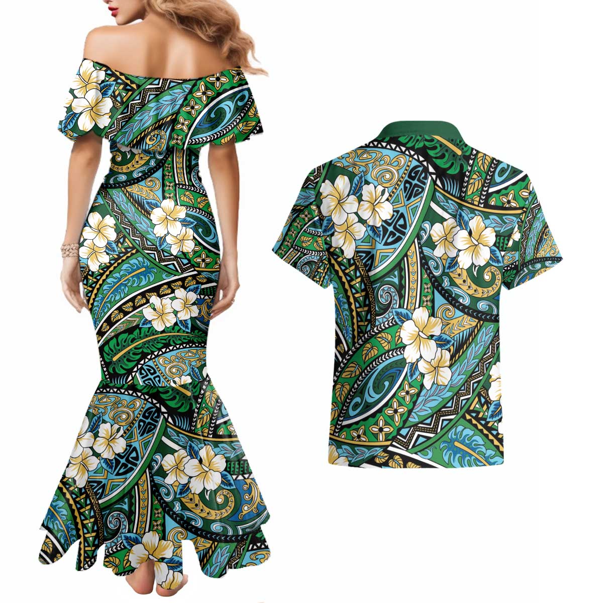 Polynesian Hibiscus Tropical Green Floral Couples Matching Mermaid Dress and Hawaiian Shirt Tribal Pattern - Polynesian Pride
