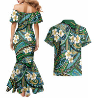 Polynesian Hibiscus Tropical Green Floral Couples Matching Mermaid Dress and Hawaiian Shirt Tribal Pattern - Polynesian Pride