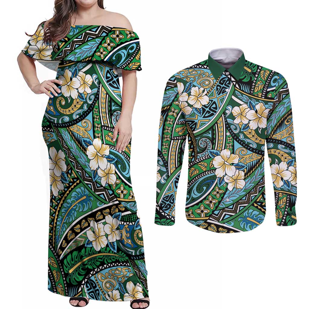 Polynesian Hibiscus Tropical Green Floral Couples Matching Off Shoulder Maxi Dress and Long Sleeve Button Shirt Tribal Pattern LT01 Green - Polynesian Pride