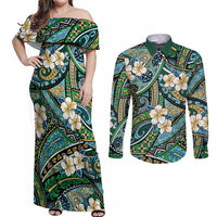 Polynesian Hibiscus Tropical Green Floral Couples Matching Off Shoulder Maxi Dress and Long Sleeve Button Shirt Tribal Pattern LT01 Green - Polynesian Pride