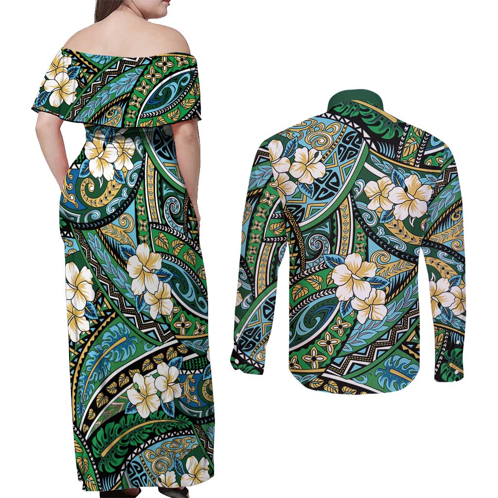 Polynesian Hibiscus Tropical Green Floral Couples Matching Off Shoulder Maxi Dress and Long Sleeve Button Shirt Tribal Pattern LT01 - Polynesian Pride