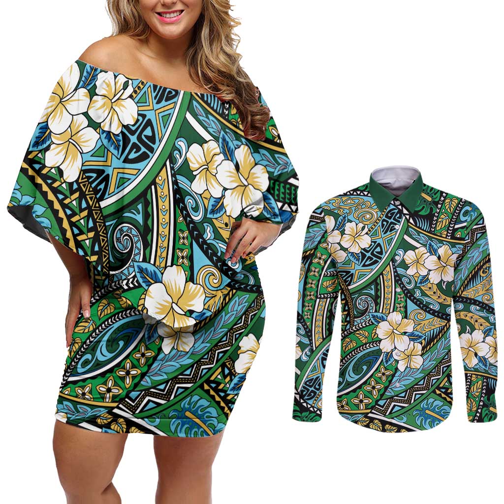 Polynesian Hibiscus Tropical Green Floral Couples Matching Off Shoulder Short Dress and Long Sleeve Button Shirt Tribal Pattern LT01 Green - Polynesian Pride