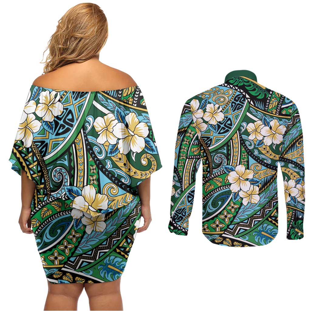 Polynesian Hibiscus Tropical Green Floral Couples Matching Off Shoulder Short Dress and Long Sleeve Button Shirt Tribal Pattern LT01 - Polynesian Pride