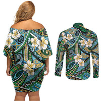 Polynesian Hibiscus Tropical Green Floral Couples Matching Off Shoulder Short Dress and Long Sleeve Button Shirt Tribal Pattern LT01 - Polynesian Pride