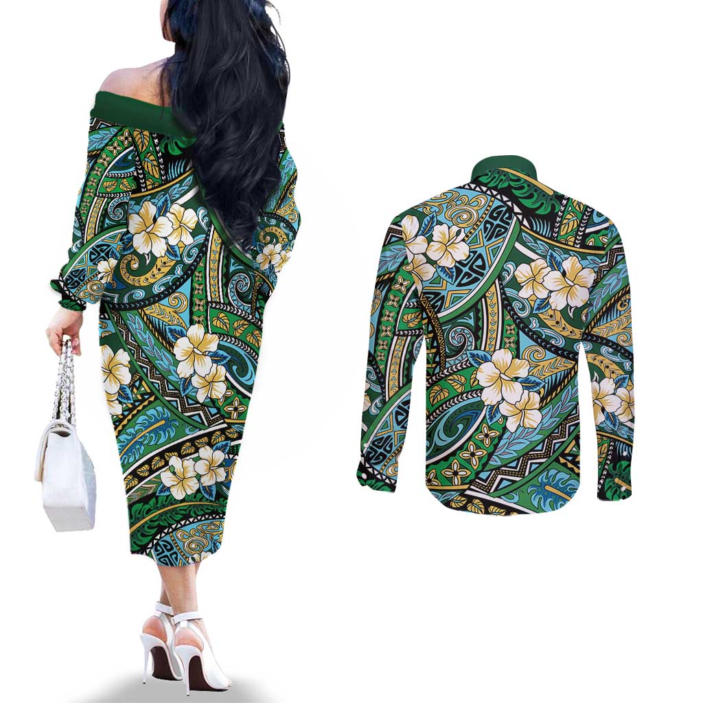 Polynesian Hibiscus Tropical Green Floral Couples Matching Off The Shoulder Long Sleeve Dress and Long Sleeve Button Shirt Tribal Pattern LT01 - Polynesian Pride