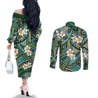 Polynesian Hibiscus Tropical Green Floral Couples Matching Off The Shoulder Long Sleeve Dress and Long Sleeve Button Shirt Tribal Pattern LT01 - Polynesian Pride