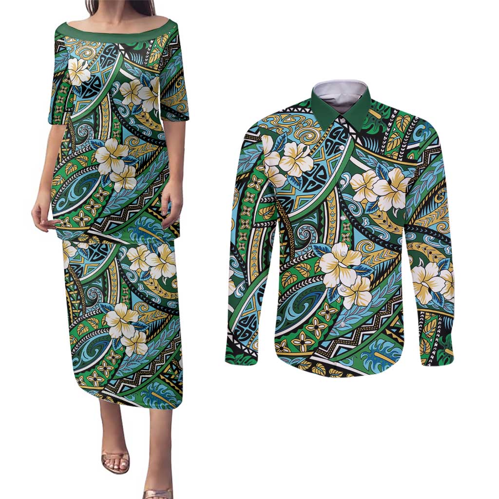 Polynesian Hibiscus Tropical Green Floral Couples Matching Puletasi and Long Sleeve Button Shirt Tribal Pattern LT01 Green - Polynesian Pride