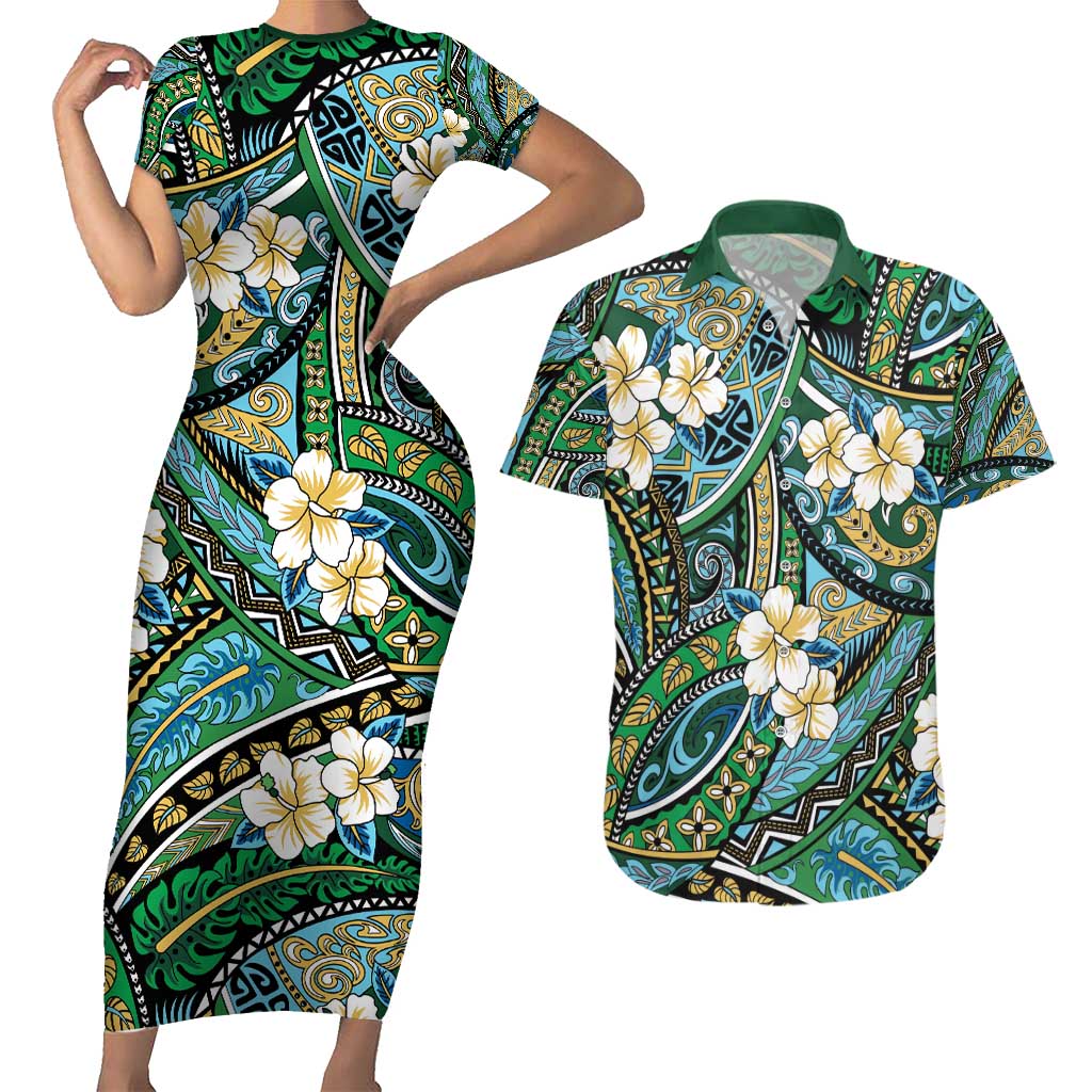 Polynesian Hibiscus Tropical Green Floral Couples Matching Short Sleeve Bodycon Dress and Hawaiian Shirt Tribal Pattern - Polynesian Pride