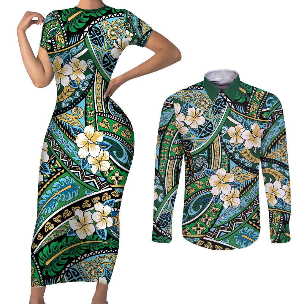 Polynesian Hibiscus Tropical Green Floral Couples Matching Short Sleeve Bodycon Dress and Long Sleeve Button Shirt Tribal Pattern LT01 Green - Polynesian Pride