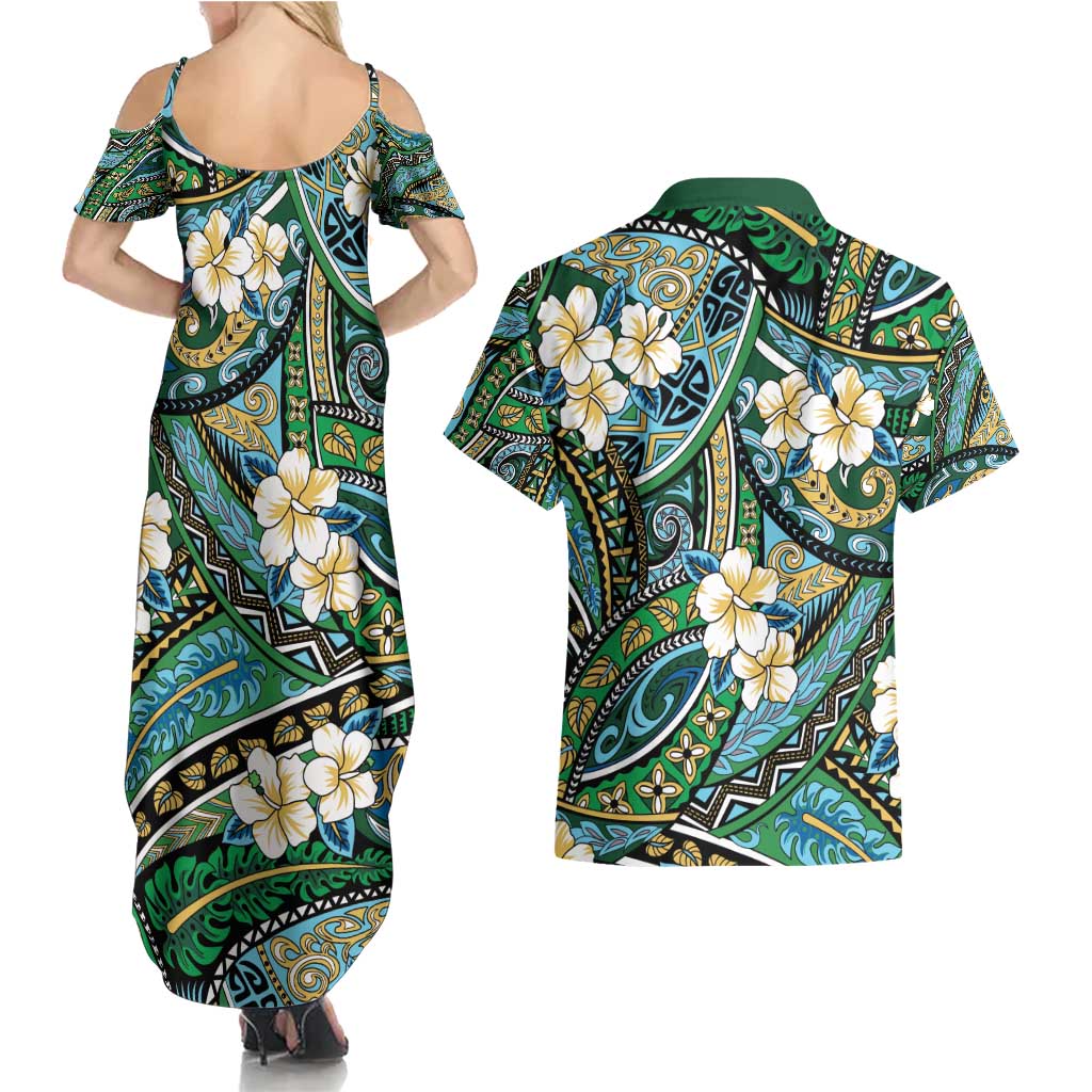 Polynesian Hibiscus Tropical Green Floral Couples Matching Summer Maxi Dress and Hawaiian Shirt Tribal Pattern - Polynesian Pride