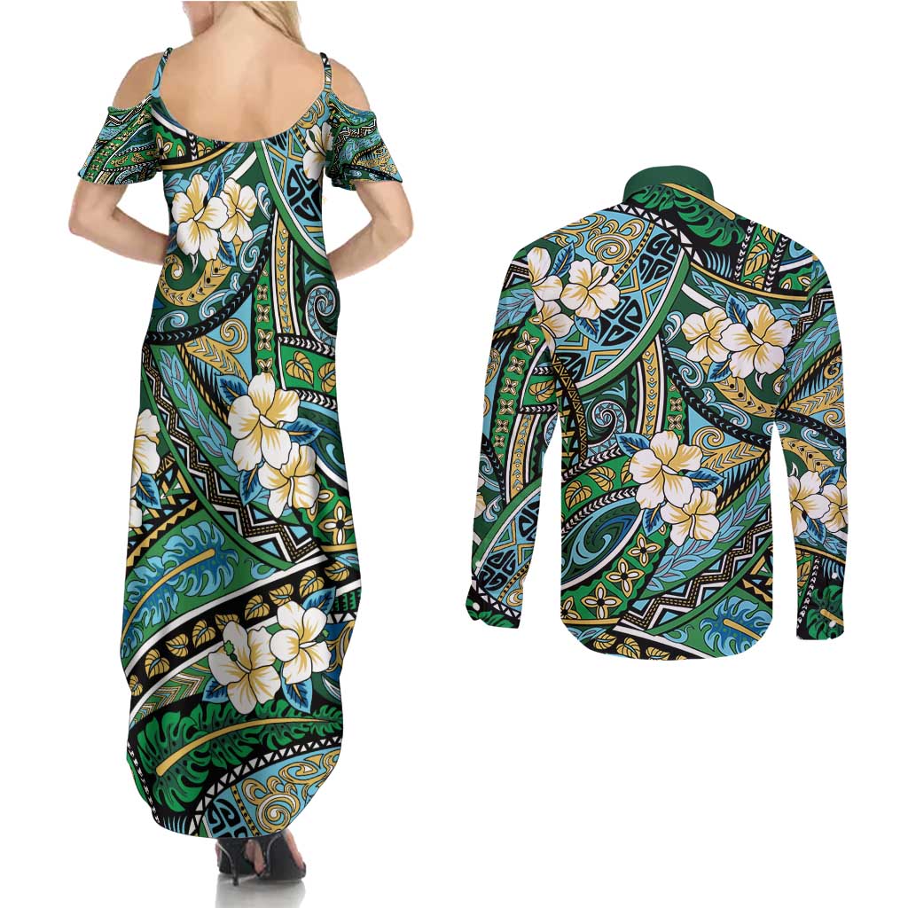 Polynesian Hibiscus Tropical Green Floral Couples Matching Summer Maxi Dress and Long Sleeve Button Shirt Tribal Pattern LT01 - Polynesian Pride