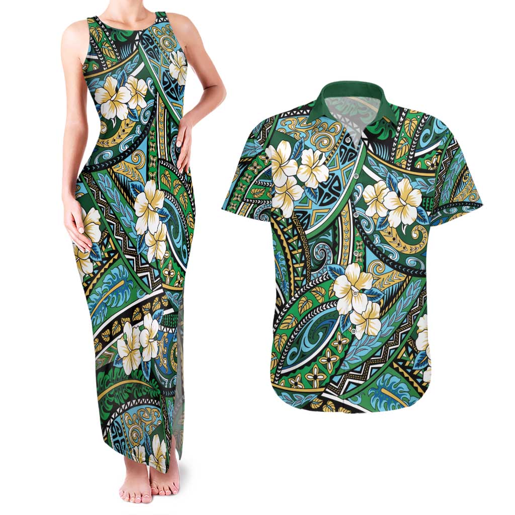 Polynesian Hibiscus Tropical Green Floral Couples Matching Tank Maxi Dress and Hawaiian Shirt Tribal Pattern - Polynesian Pride