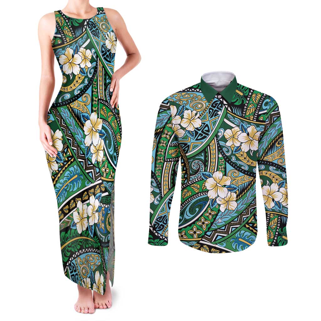 Polynesian Hibiscus Tropical Green Floral Couples Matching Tank Maxi Dress and Long Sleeve Button Shirt Tribal Pattern LT01 Green - Polynesian Pride