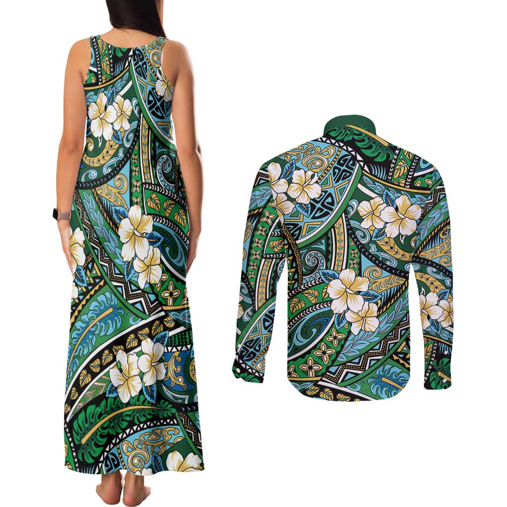 Polynesian Hibiscus Tropical Green Floral Couples Matching Tank Maxi Dress and Long Sleeve Button Shirt Tribal Pattern LT01 - Polynesian Pride