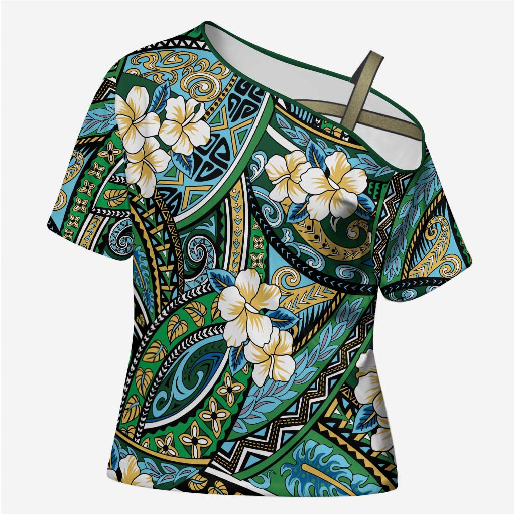 Polynesian Hibiscus Tropical Green Floral Cross Shoulder Shirt Tribal Pattern LT01 Female Green - Polynesian Pride