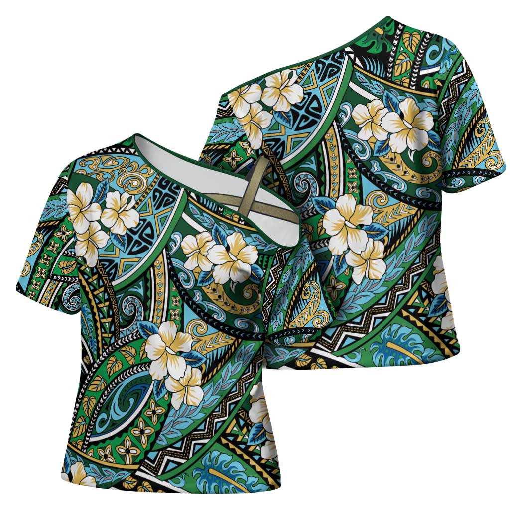 Polynesian Hibiscus Tropical Green Floral Cross Shoulder Shirt Tribal Pattern LT01 - Polynesian Pride