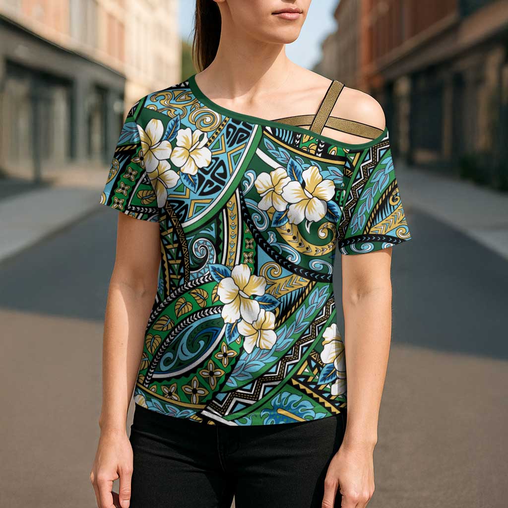 Polynesian Hibiscus Tropical Green Floral Cross Shoulder Shirt Tribal Pattern LT01 - Polynesian Pride