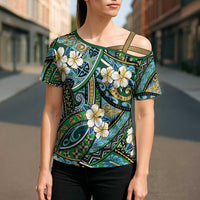 Polynesian Hibiscus Tropical Green Floral Cross Shoulder Shirt Tribal Pattern LT01 - Polynesian Pride