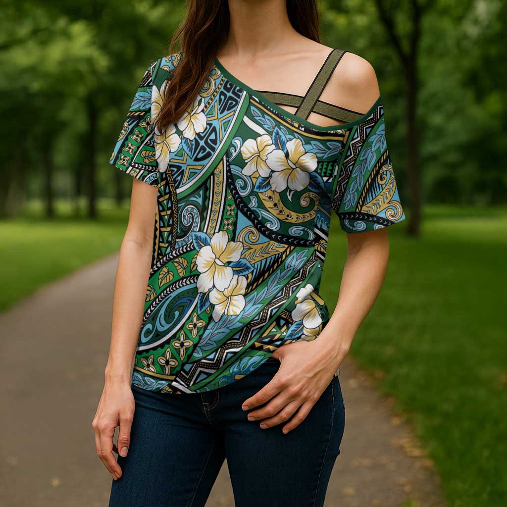Polynesian Hibiscus Tropical Green Floral Cross Shoulder Shirt Tribal Pattern LT01 - Polynesian Pride
