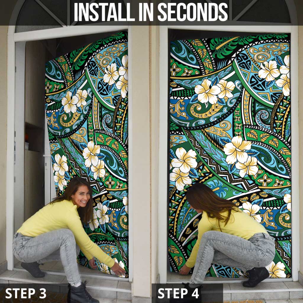 Polynesian Hibiscus Tropical Green Floral Door Cover Tribal Pattern - Polynesian Pride
