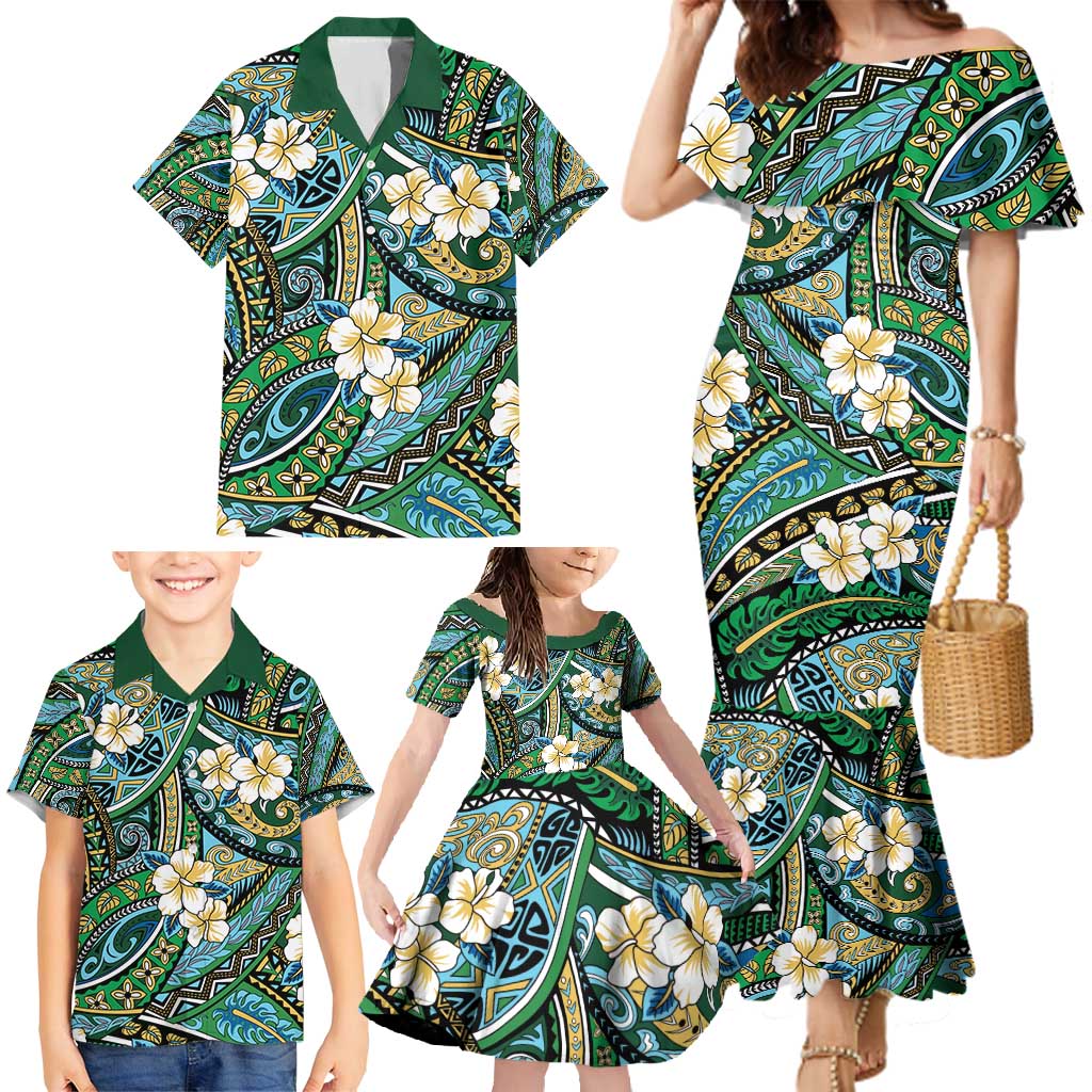 Polynesian Hibiscus Tropical Green Floral Family Matching Mermaid Dress and Hawaiian Shirt Tribal Pattern - Polynesian Pride