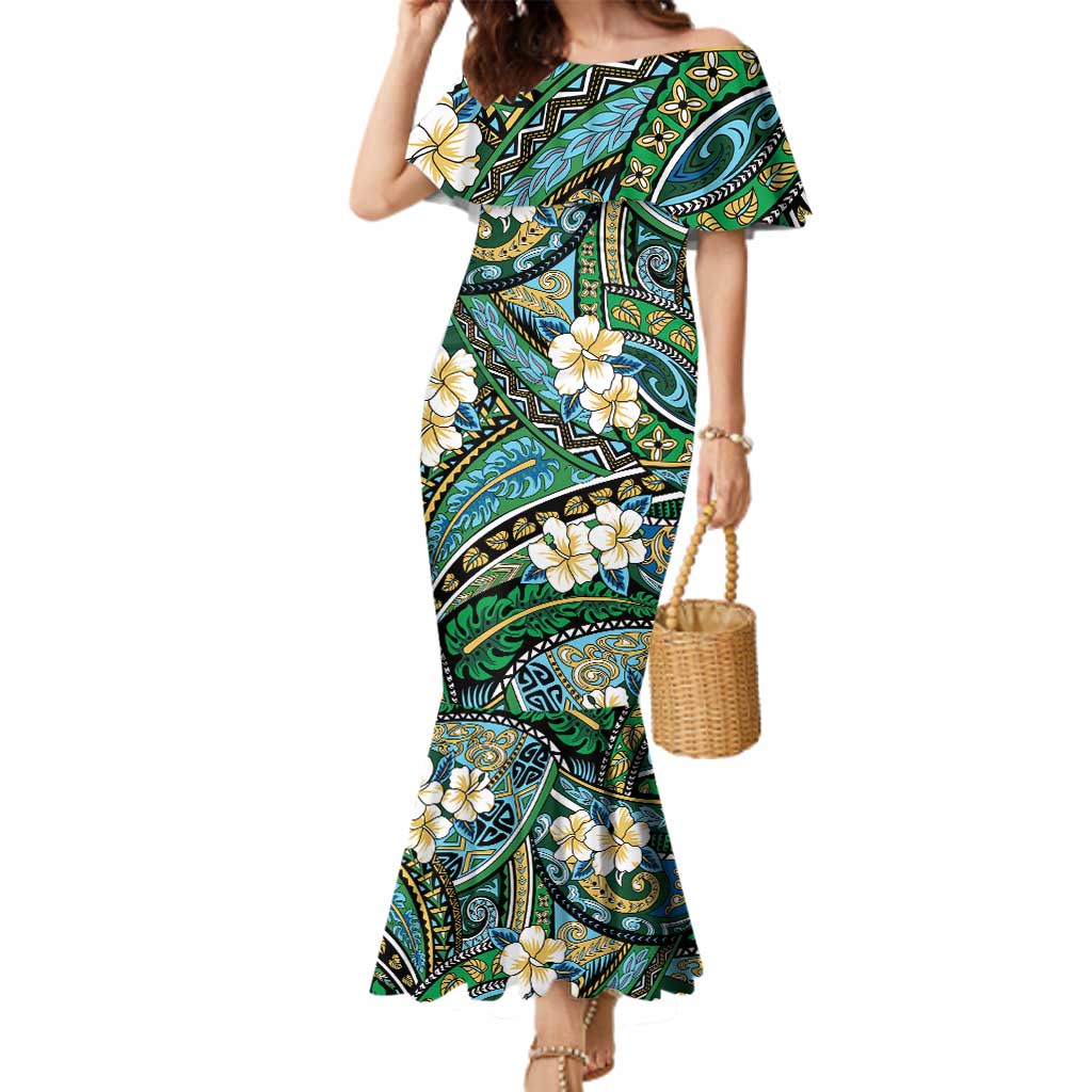 Polynesian Hibiscus Tropical Green Floral Family Matching Mermaid Dress and Hawaiian Shirt Tribal Pattern - Polynesian Pride