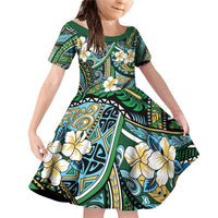 Polynesian Hibiscus Tropical Green Floral Family Matching Off Shoulder Short Dress and Hawaiian Shirt Tribal Pattern - Polynesian Pride