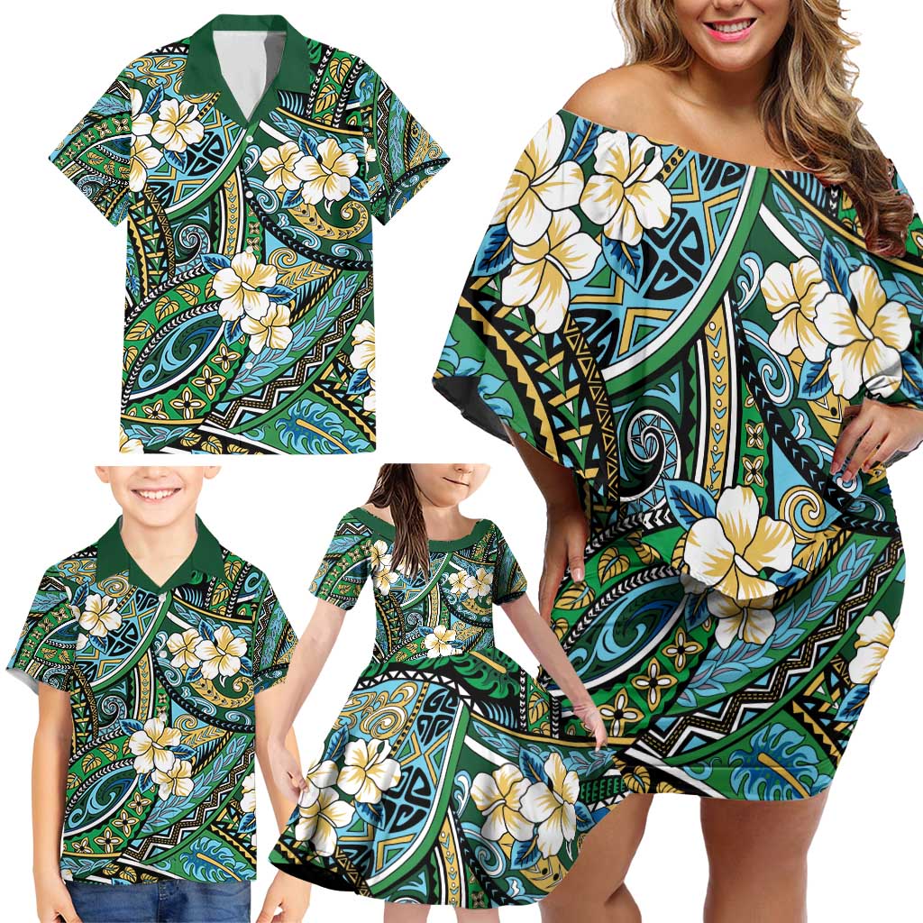 Polynesian Hibiscus Tropical Green Floral Family Matching Off Shoulder Short Dress and Hawaiian Shirt Tribal Pattern - Polynesian Pride
