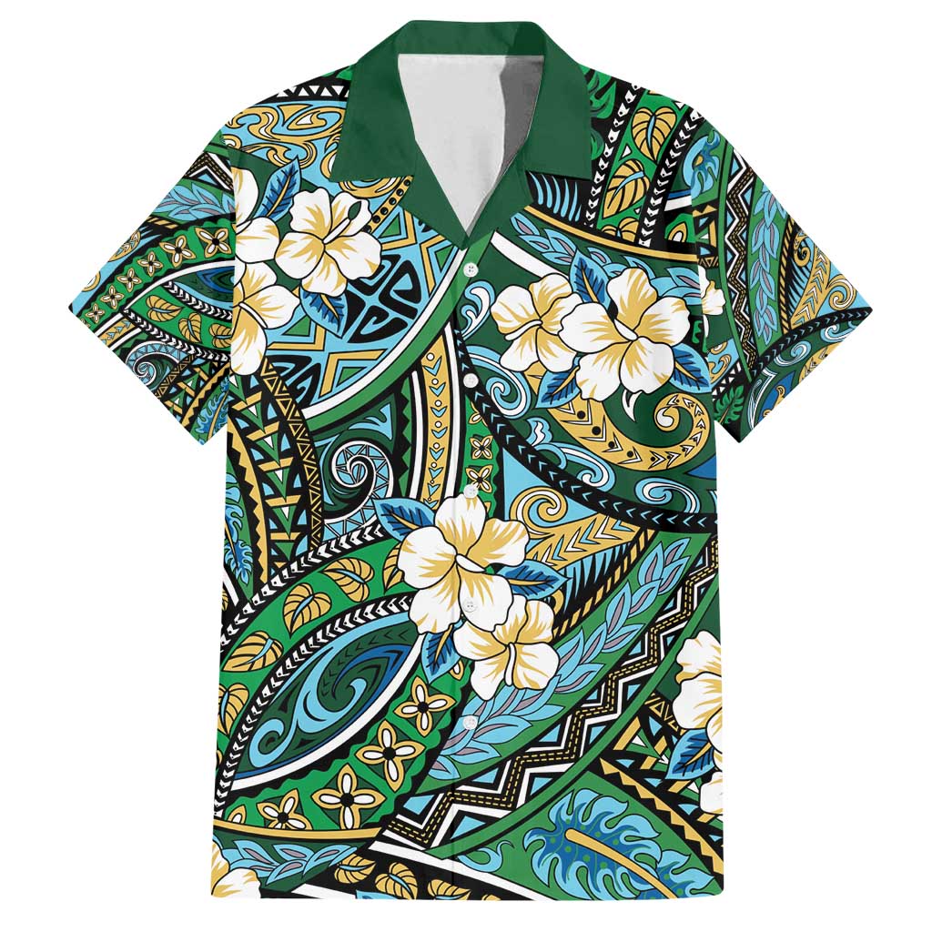 Polynesian Hibiscus Tropical Green Floral Family Matching Off Shoulder Short Dress and Hawaiian Shirt Tribal Pattern - Polynesian Pride