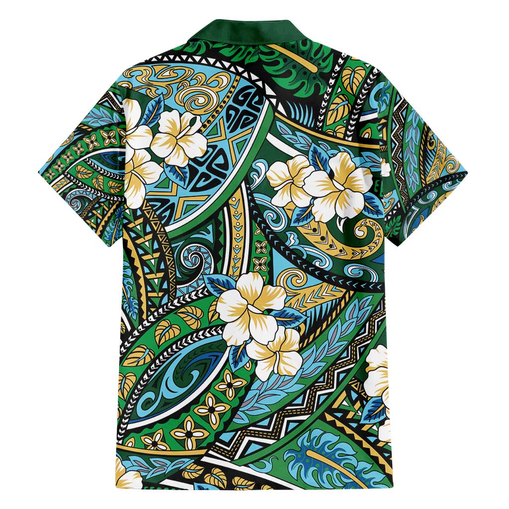 Polynesian Hibiscus Tropical Green Floral Family Matching Off Shoulder Short Dress and Hawaiian Shirt Tribal Pattern - Polynesian Pride