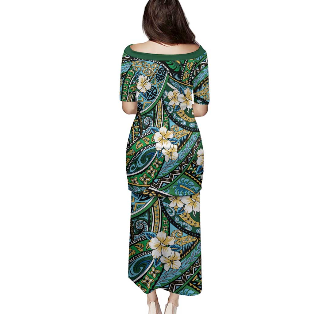 Polynesian Hibiscus Tropical Green Floral Family Matching Puletasi and Hawaiian Shirt Tribal Pattern - Polynesian Pride